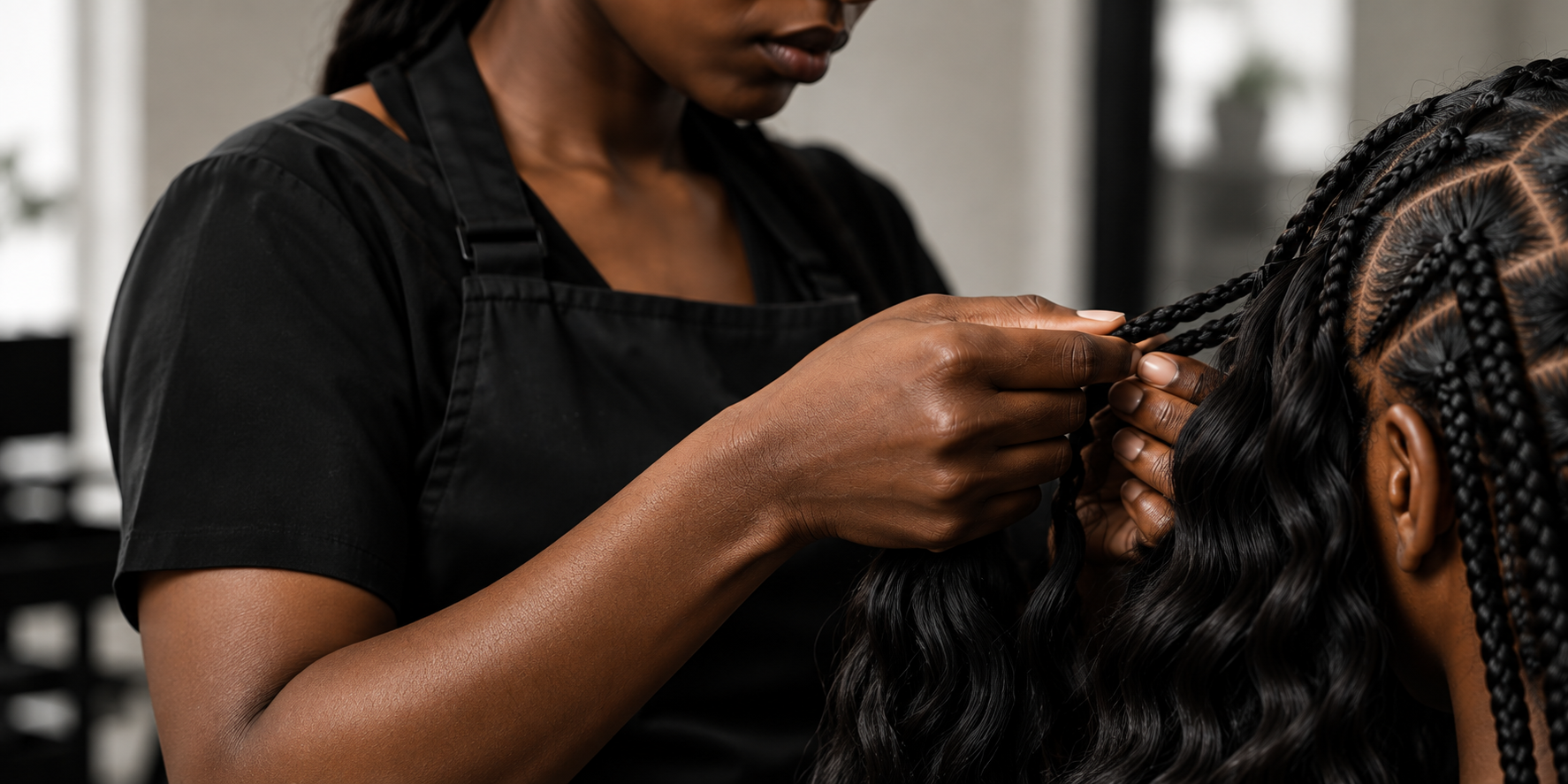 A professional braider installing human braiding hair